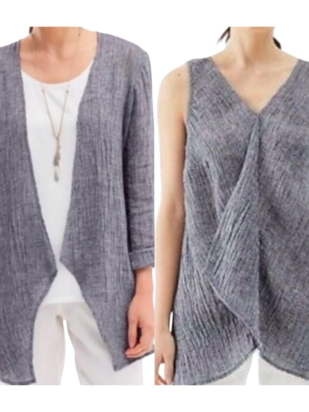 J.Jill Pure Jill Textured Linen Navy/White Flyaway Jacket & Tank Set Size L/XL
